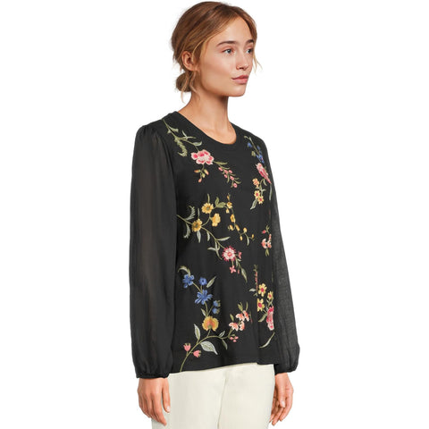 Johnny Was Sophie Mixed Media Tee Cotton Floral Embroidered Shirt Black Top NEW
