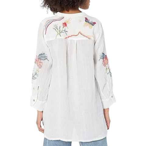 Johnny Was Jordan Voyager Tunic Shirt Floral White Flower Embroidery Top NEW