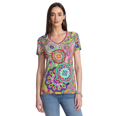 Johnny Was Janie Favorite Napper V Short Tee Naperron Shirt Green Blue Top NEW