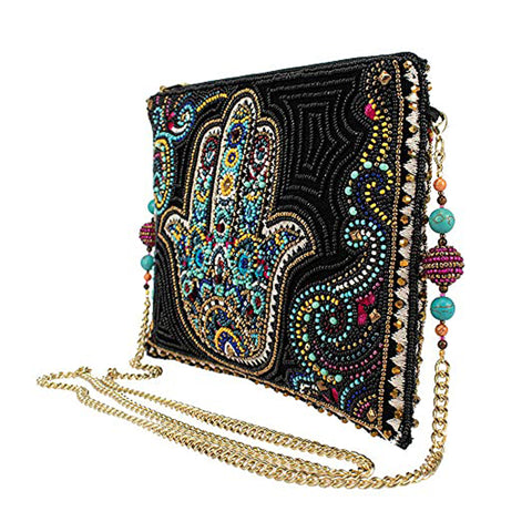 Mary Frances Good Hands Hamsa Crossbody Zipper Handbag Black Multi Purse Bag New