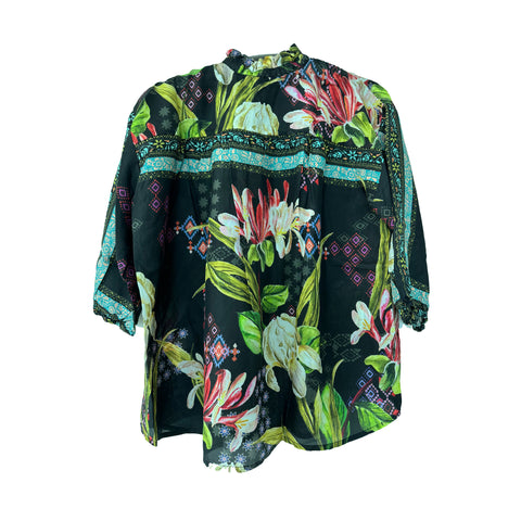 Johnny Was Janie Favorite Iris Whisper Long Swing Tee Floral Shirt Top Black NEW