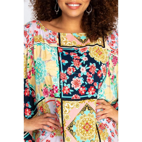 Johnny Was Long Rayon Japer Cocoon Boat Kaftan Lace Flared Dress Yellow Blue XL NEW