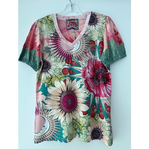 Johnny Was Janie Favorite Emily V Neck Puff Sleeve Tee Shirt Pink Cream Floral Top NEW