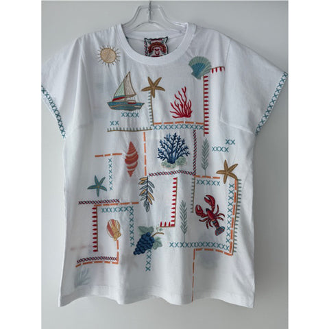 Johnny Was Amalfi Boxy Square Sleeve Tee Shirt Cotton Embroidery White Top M NEW