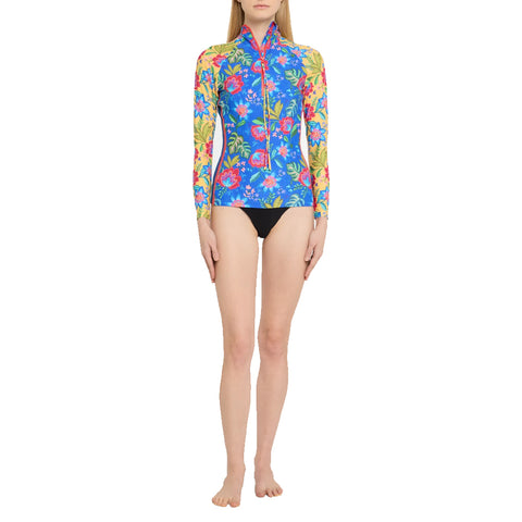 Johnny Was Rumba Mix Long Surf Shirt Swim Floral Zip Rash Guard Top Blue Yellow NEW