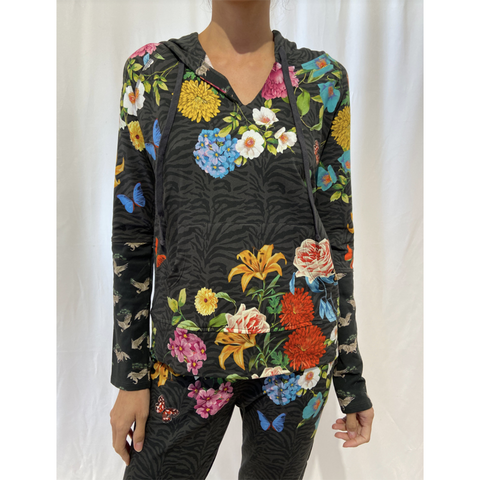Johnny Was Blooming Breeze Pullover Hoodie Camo Grey Black Floral Top Shirt New