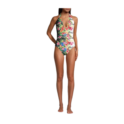 Johnny Was Spring Halter One Piece Black Floral Women Swim Suit Flower White New