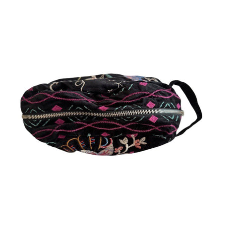 Johnny Was Colette Cotton Velvet Makeup Bag Floral Embroidered Cosmetic Handbag Black NEW
