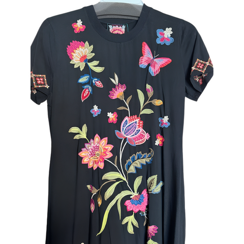 Johnny Was Gracey Crew Neck Swing Long Dress Black Butterfly Embroidered XXL NEW