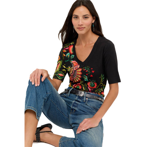 Johnny Was Janie Valley Of The Fleurs Black Short Fitted Tee Floral Shirt Top NEW