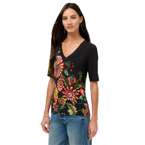 Johnny Was Janie Valley Of The Fleurs Black Short Fitted Tee Floral Shirt Top NEW