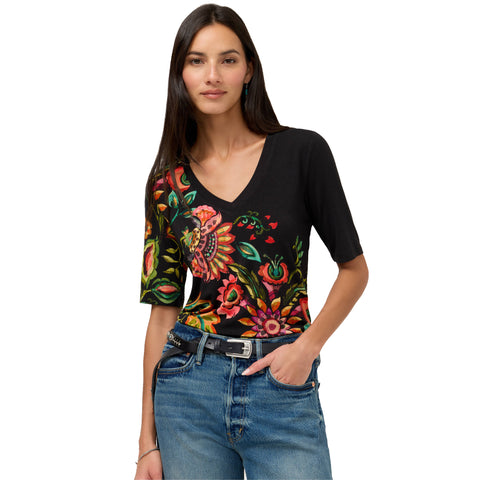 Johnny Was Janie Valley Of The Fleurs Black Short Fitted Tee Floral Shirt Top NEW