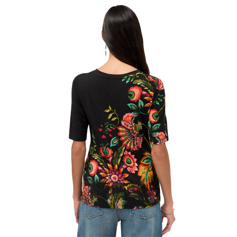 Johnny Was Janie Valley Of The Fleurs Black Short Fitted Tee Floral Shirt Top NEW