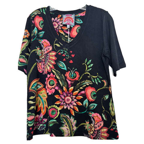 Johnny Was Janie Valley Of The Fleurs Black Short Fitted Tee Floral Shirt Top NEW