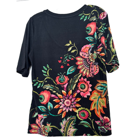 Johnny Was Janie Valley Of The Fleurs Black Short Fitted Tee Floral Shirt Top NEW