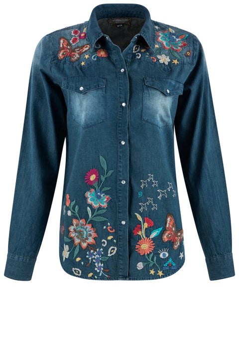 Johnny Was Olinda Denim Jean Button Embroidery Frayed Western Shirt Blue NEW