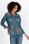 Johnny Was Olinda Denim Jean Button Embroidery Frayed Western Shirt Blue NEW