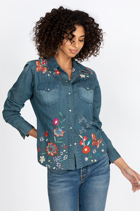 Johnny Was Olinda Denim Jean Button Embroidery Frayed Western Shirt Blue NEW