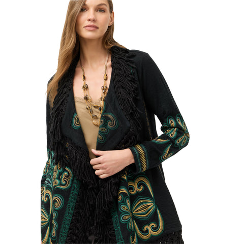 Johnny Was Welda Biya Draped Cozy Sweater Floral Embroidered Jacket Black NEW