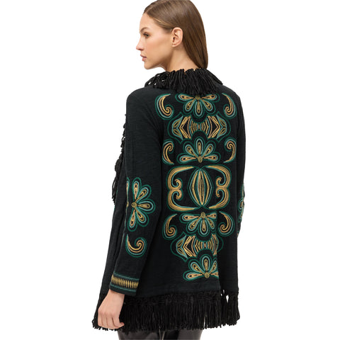 Johnny Was Welda Biya Draped Cozy Sweater Floral Embroidered Jacket Black NEW