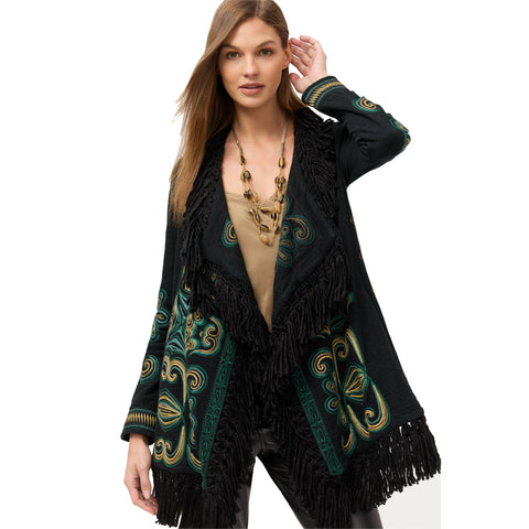Johnny Was Welda Biya Draped Cozy Sweater Floral Embroidered Jacket Black NEW
