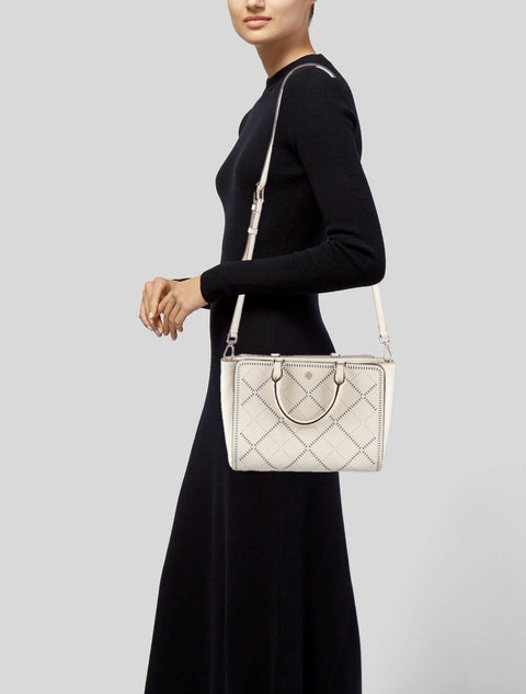 Tory Burch Robinson Crosshatch Small Leather Satchel Bag Ivory Riviera Blue Handbag NEW