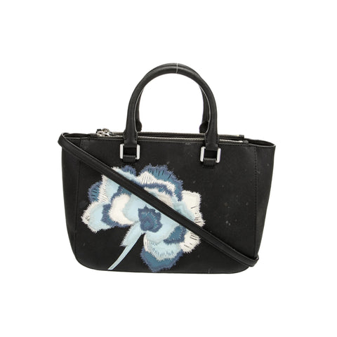 Tory Burch Robinson Floral Appliqué Tote Shoulder Handbag Black Blue Purse New