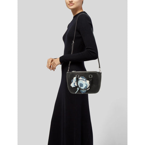 Tory Burch Robinson Floral Appliqué Tote Shoulder Handbag Black Blue Purse New