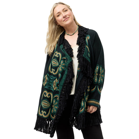 Johnny Was Welda Biya Draped Cozy Sweater Floral Embroidered Jacket Black NEW