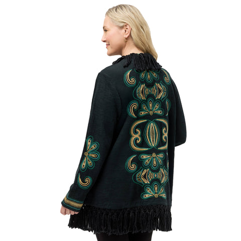 Johnny Was Welda Biya Draped Cozy Sweater Floral Embroidered Jacket Black NEW
