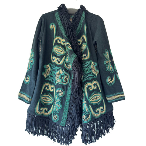 Johnny Was Welda Biya Draped Cozy Sweater Floral Embroidered Jacket Black NEW