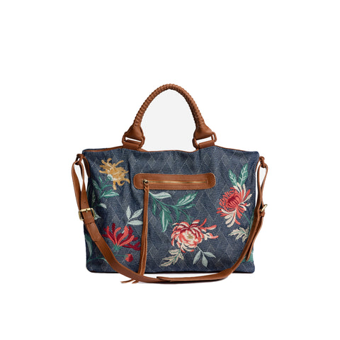 Johnny Was Weslie Denim Blue Floral Overnight Bag Cotton Weekender Handbag Purse NEW