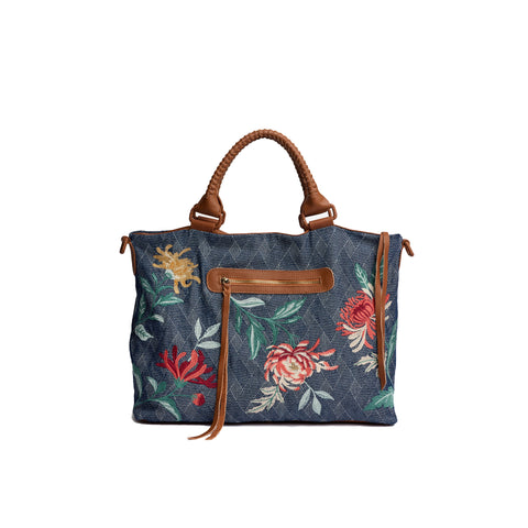 Johnny Was Weslie Denim Blue Floral Overnight Bag Cotton Weekender Handbag Purse NEW