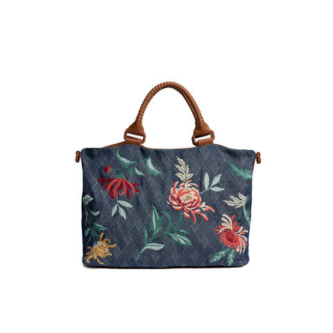 Johnny Was Weslie Denim Blue Floral Overnight Bag Cotton Weekender Handbag Purse NEW