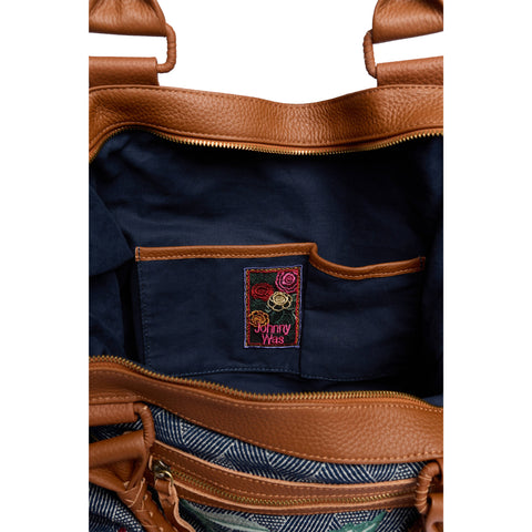 Johnny Was Weslie Denim Blue Floral Overnight Bag Cotton Weekender Handbag Purse NEW
