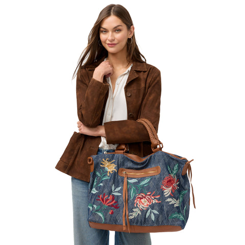 Johnny Was Weslie Denim Blue Floral Overnight Bag Cotton Weekender Handbag Purse NEW