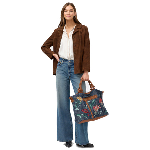 Johnny Was Weslie Denim Blue Floral Overnight Bag Cotton Weekender Handbag Purse NEW