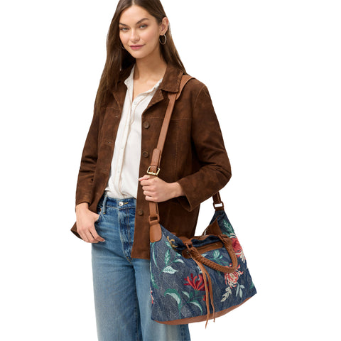 Johnny Was Weslie Denim Blue Floral Overnight Bag Cotton Weekender Handbag Purse NEW