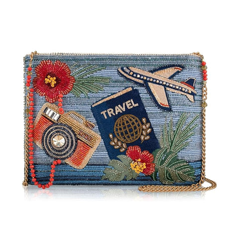 Mary Frances Where To Next Crossbody Handbag Floral Zip Bag Blue Travel Purse NEW