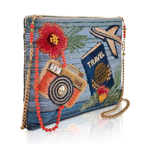 Mary Frances Where To Next Crossbody Handbag Floral Zip Bag Blue Travel Purse NEW