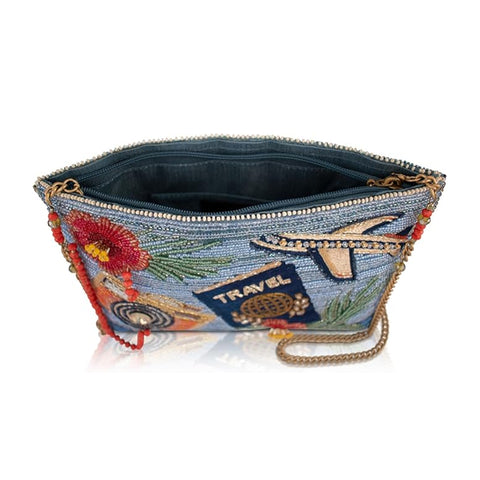 Mary Frances Where To Next Crossbody Handbag Floral Zip Bag Blue Travel Purse NEW