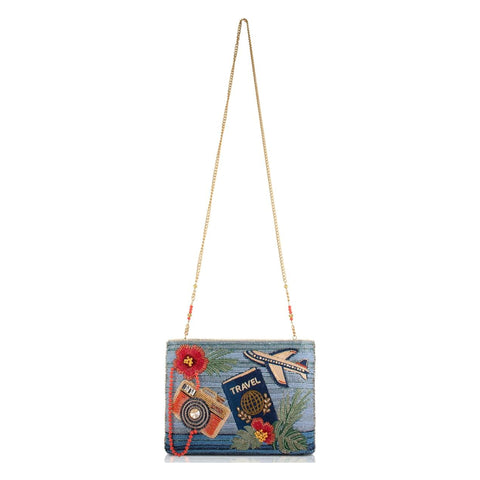 Mary Frances Where To Next Crossbody Handbag Floral Zip Bag Blue Travel Purse NEW
