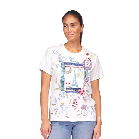 Johnny Was Paris Crew Tee Short Floral Embroidered Cotton Shirt Top White NEW