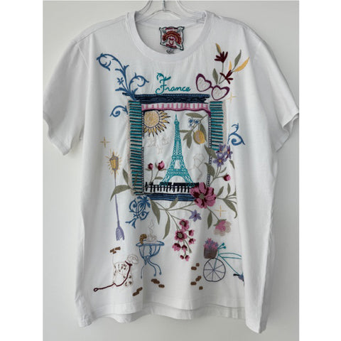 Johnny Was Paris Crew Tee Short Floral Embroidered Cotton Shirt Top White NEW