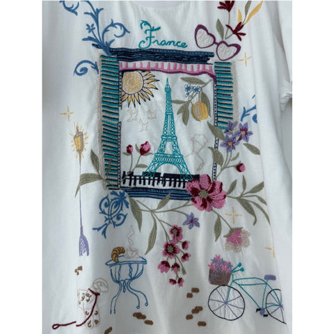 Johnny Was Paris Crew Tee Short Floral Embroidered Cotton Shirt Top White NEW