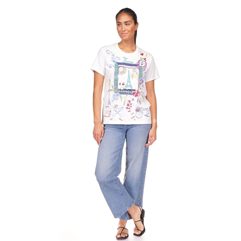 Johnny Was Paris Crew Tee Short Floral Embroidered Cotton Shirt Top White NEW
