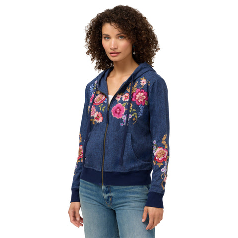 Johnny Was Modern Zip Up Hoodie Aerus Floral Cotton Elowen Denim Blue Top NEW
