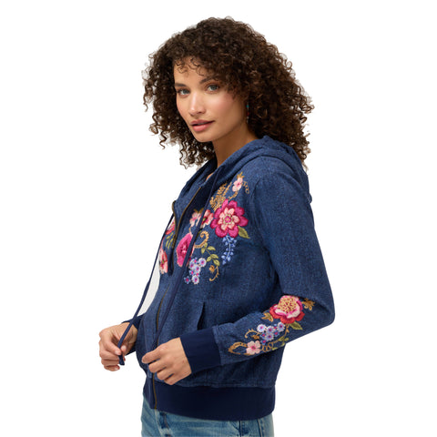 Johnny Was Modern Zip Up Hoodie Aerus Floral Cotton Elowen Denim Blue Top NEW