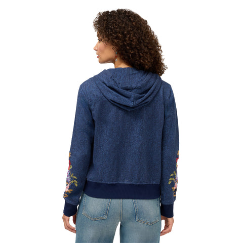 Johnny Was Modern Zip Up Hoodie Aerus Floral Cotton Elowen Denim Blue Top NEW