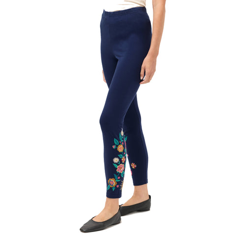 Johnny Was Ziviana Legging Cotton Floral Embroidered Leggings Pants Black NEW